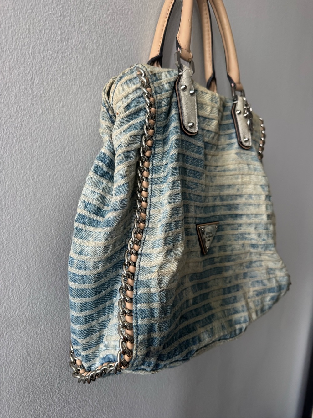 Guess Denim-Striped Light Blue Tote with Tan Handles - Picture 6 of 13